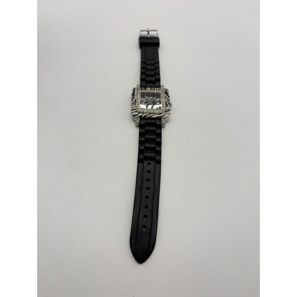 Geneva Platinum Zebra Print Rhinestone Square Watch Black Silicone Strap 6880